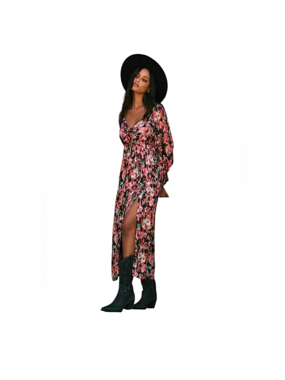 Saltwater Blurred Floral Maxi Dress Long Sleeve Multi Color Print Flowy Boho XS